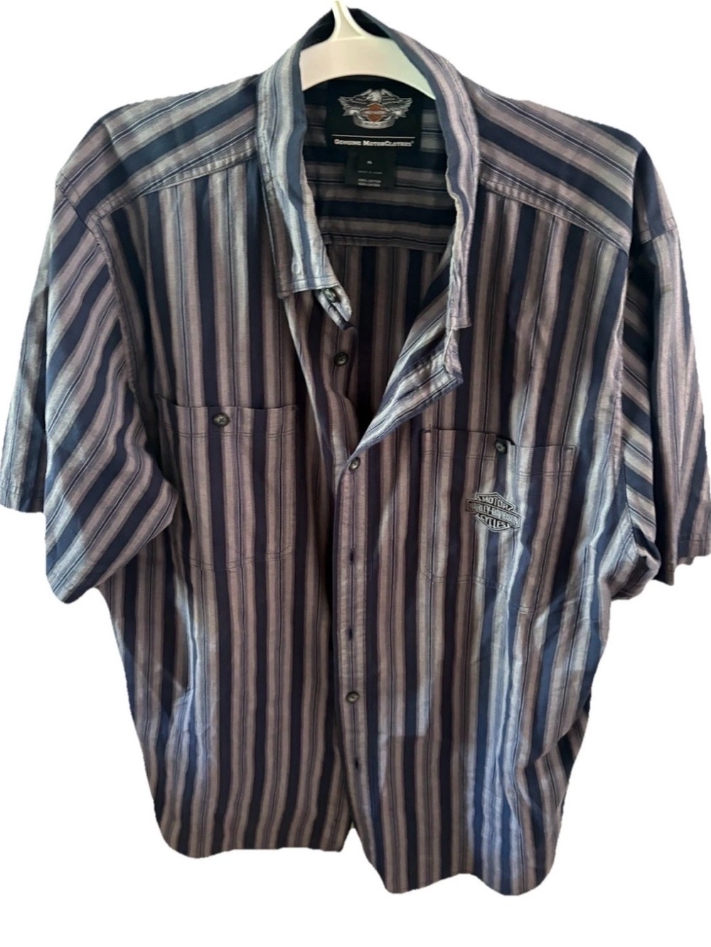 Harley Davidson Genuine Motor Clothes Men's Striped Button Up Shirt Gray Blue XL